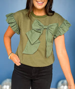Women's Contrast Ribbon Bow Ruffle Sleeve Top