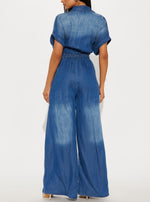 Women's Tie-Waist Wide-Leg Denim Jumpsuit
