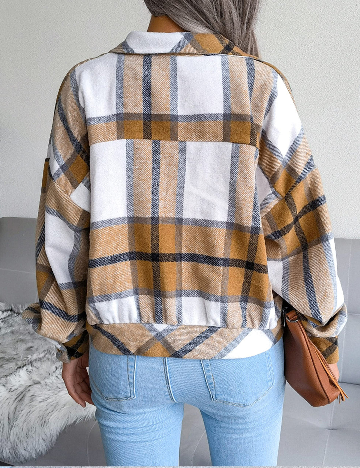 Women's Flannel Plaid Button Down Cropped Jacket