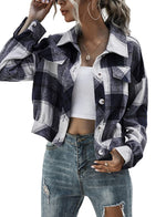Women's Flannel Plaid Button Down Cropped Jacket