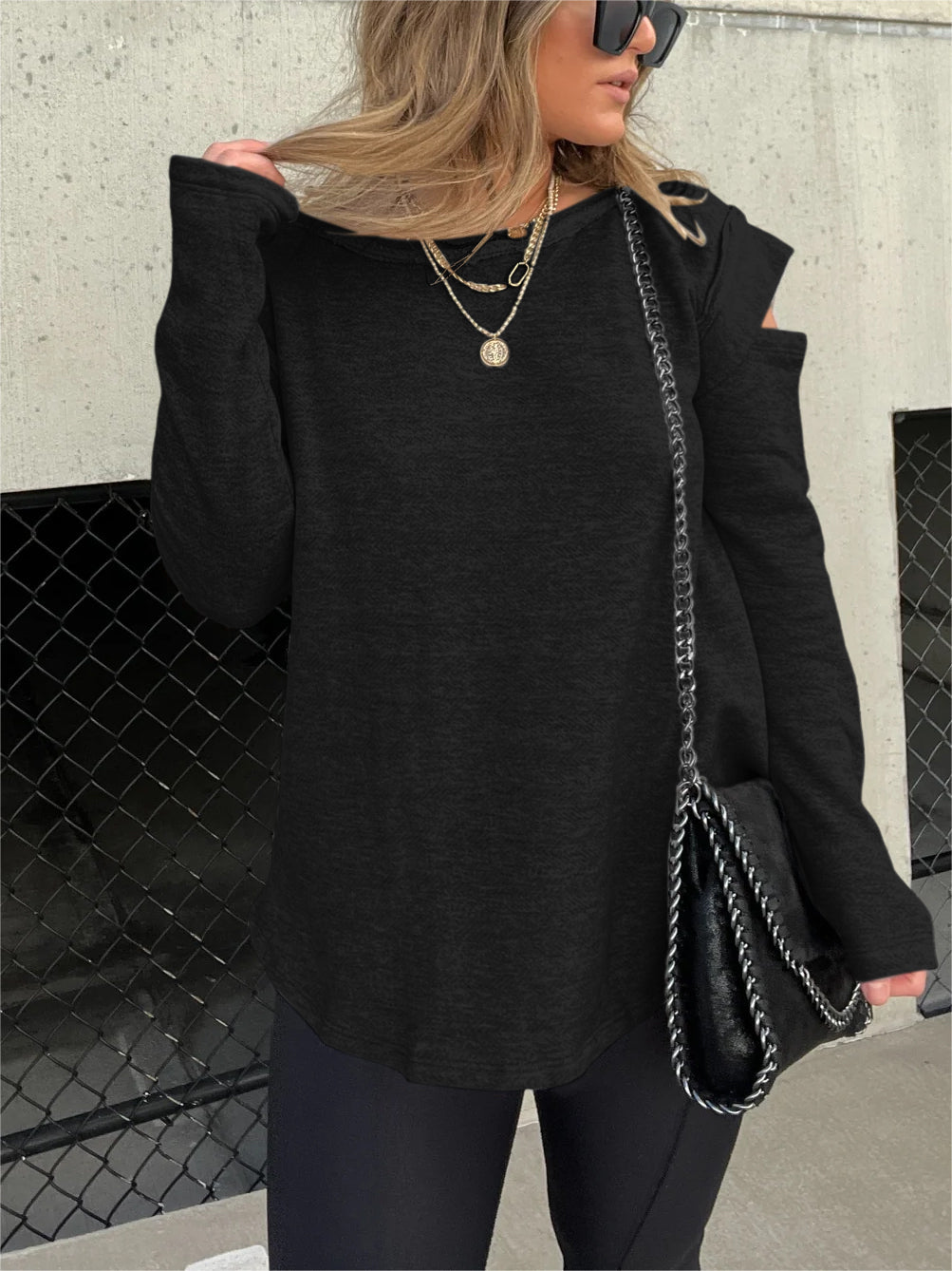 Cut Out Sleeve Raw Edge Solid Sweatshirt