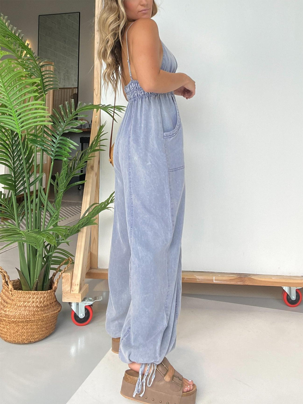 Women's Deep V Neck Tencel Denim Jumpsuit