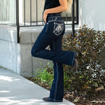 Women's Feather Embroidery High Waist Stretchy Casual Wide Leg Denim Pants
