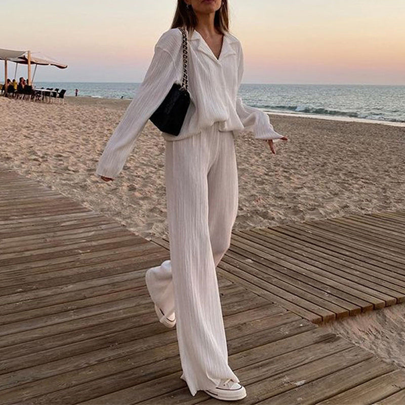 Causal Set Loose Button-Down Shirt and Pleated Wide Leg Pants
