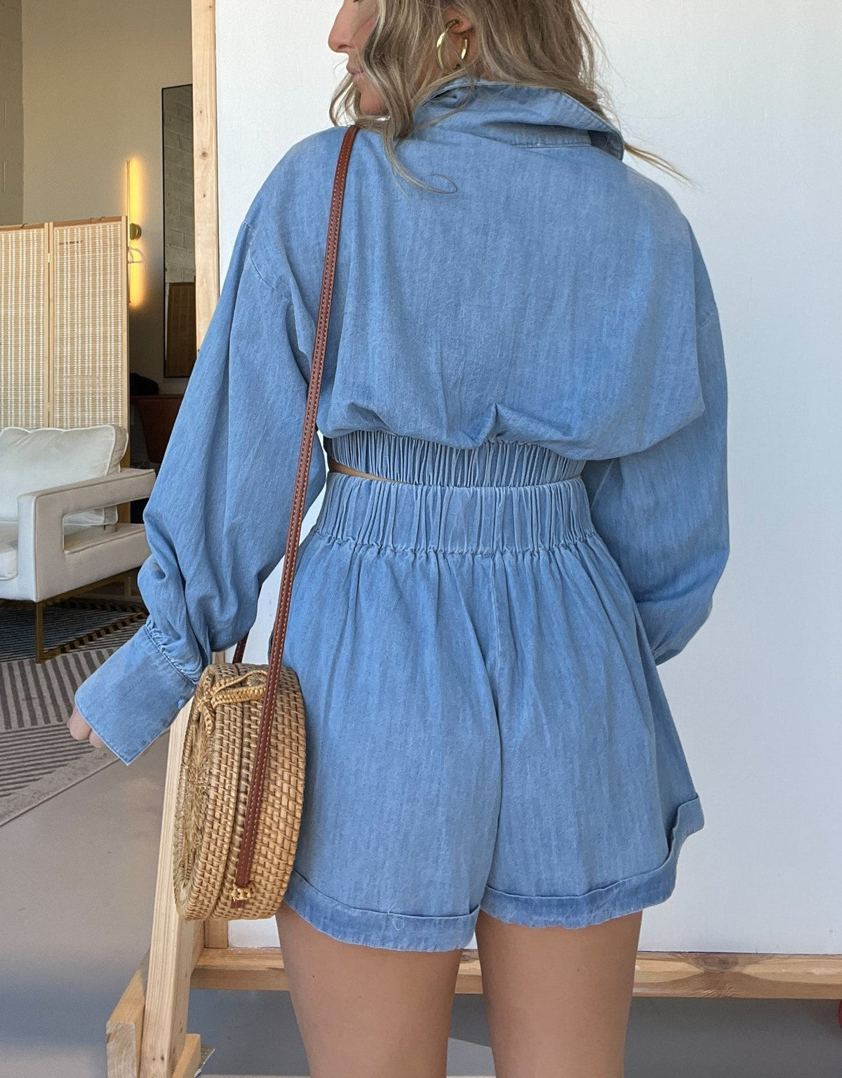 Long Sleeves Crop Shirt and Shorts Denim Set