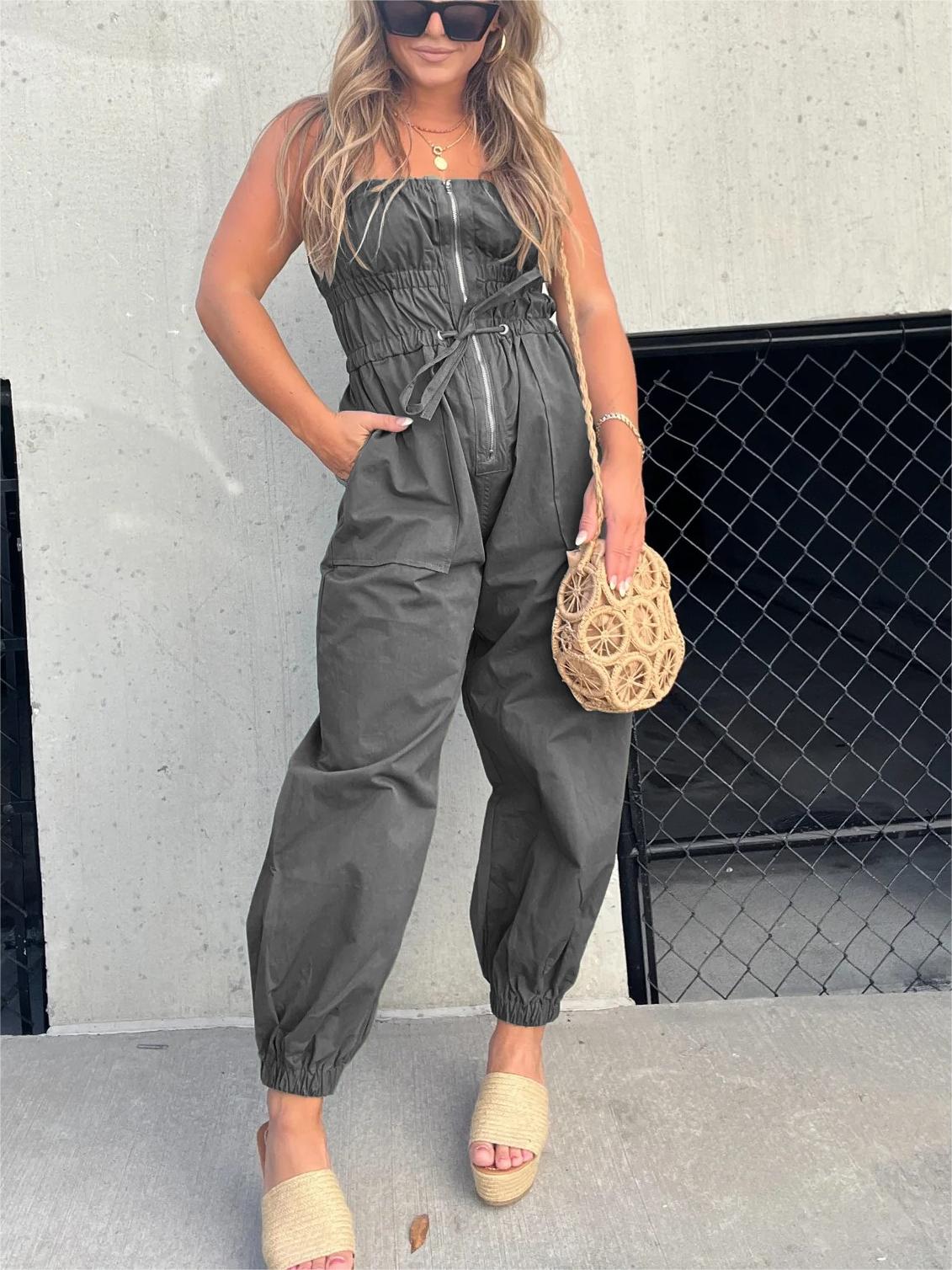 Loose Pleated Elasticated Front Zip Drawstring Jumpsuit