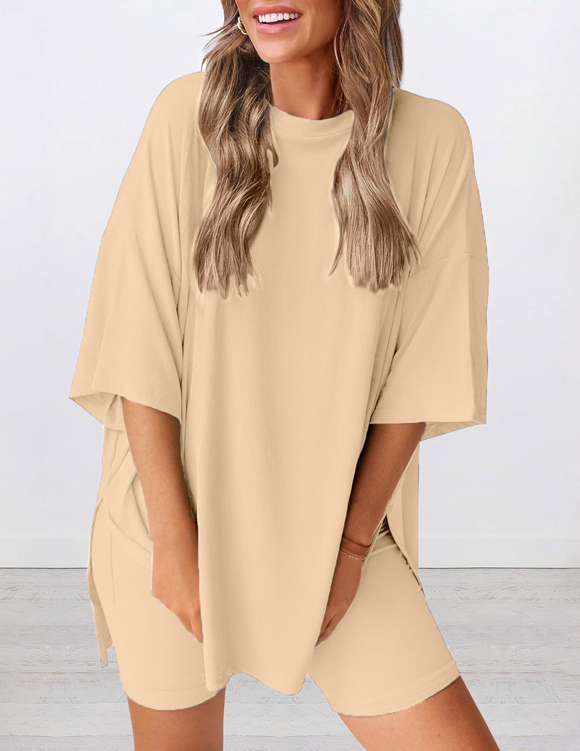 Women's Round Neck Side Slit Short Sleeve Top Tight Shorts Set