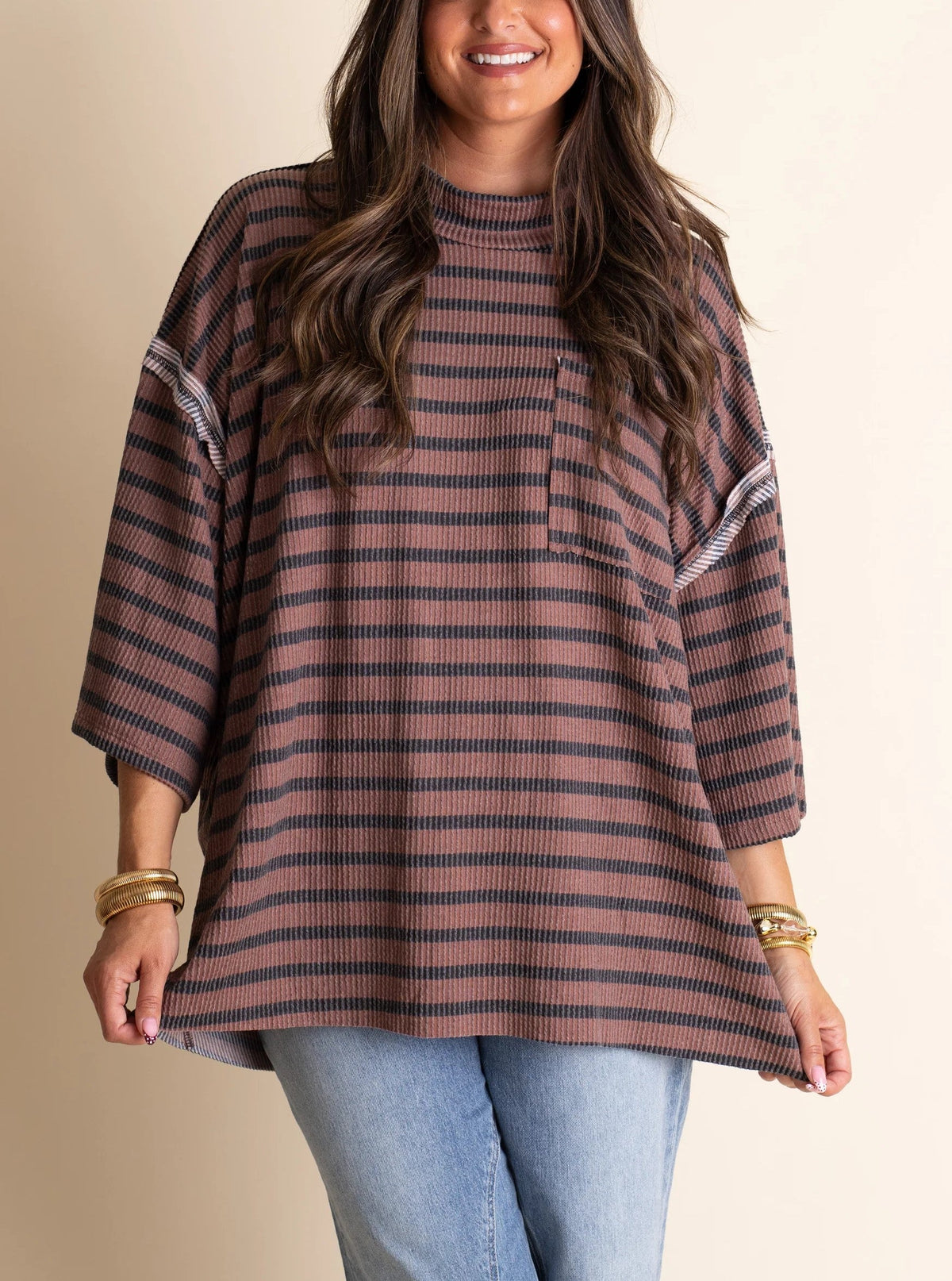 Women's Oversized High Neck Urban Ribbed Striped Top