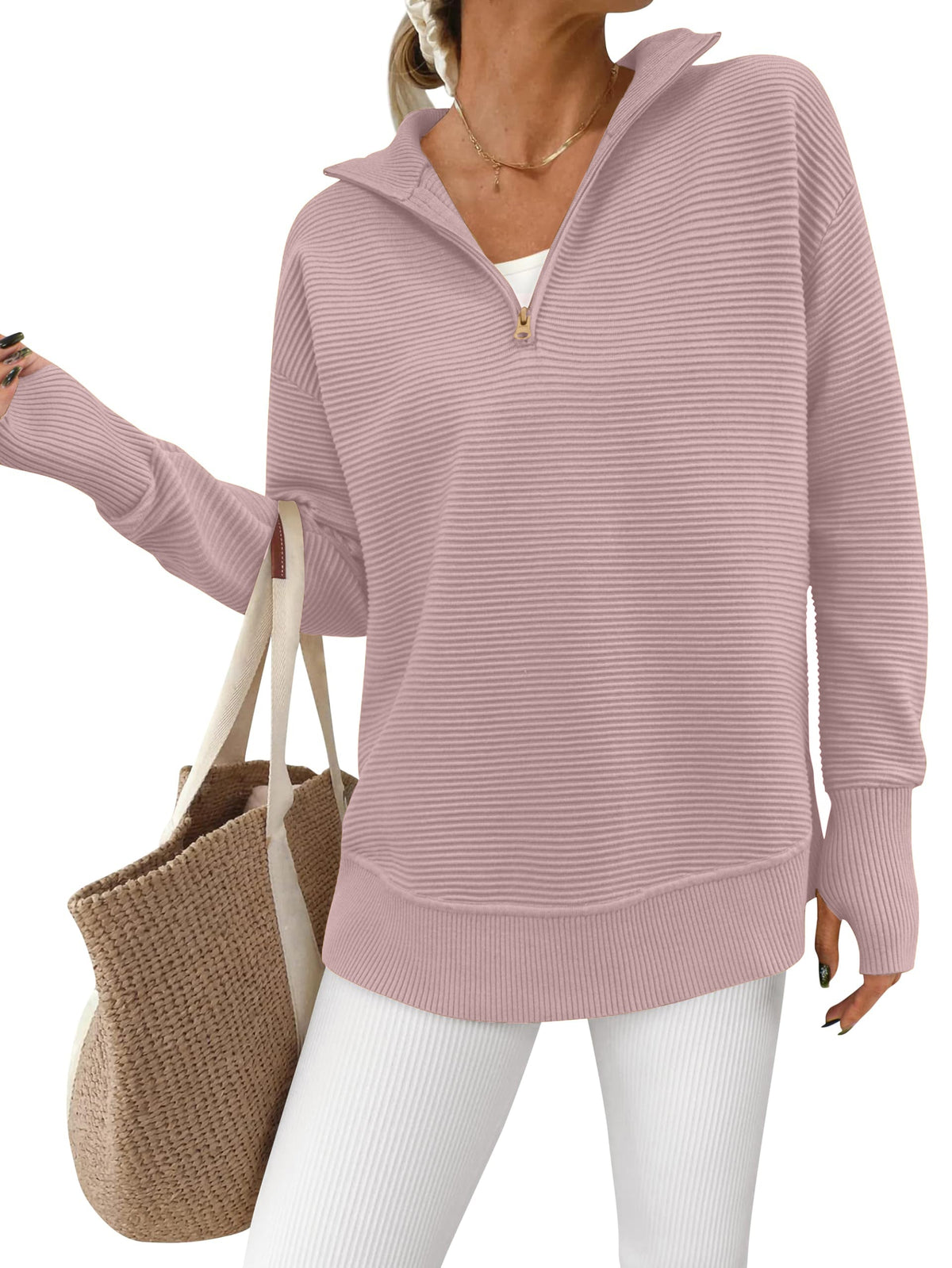 Women's Half Zip Oversized Ribbed Knit Pullover Sweater (Buy2 Free Shipping )