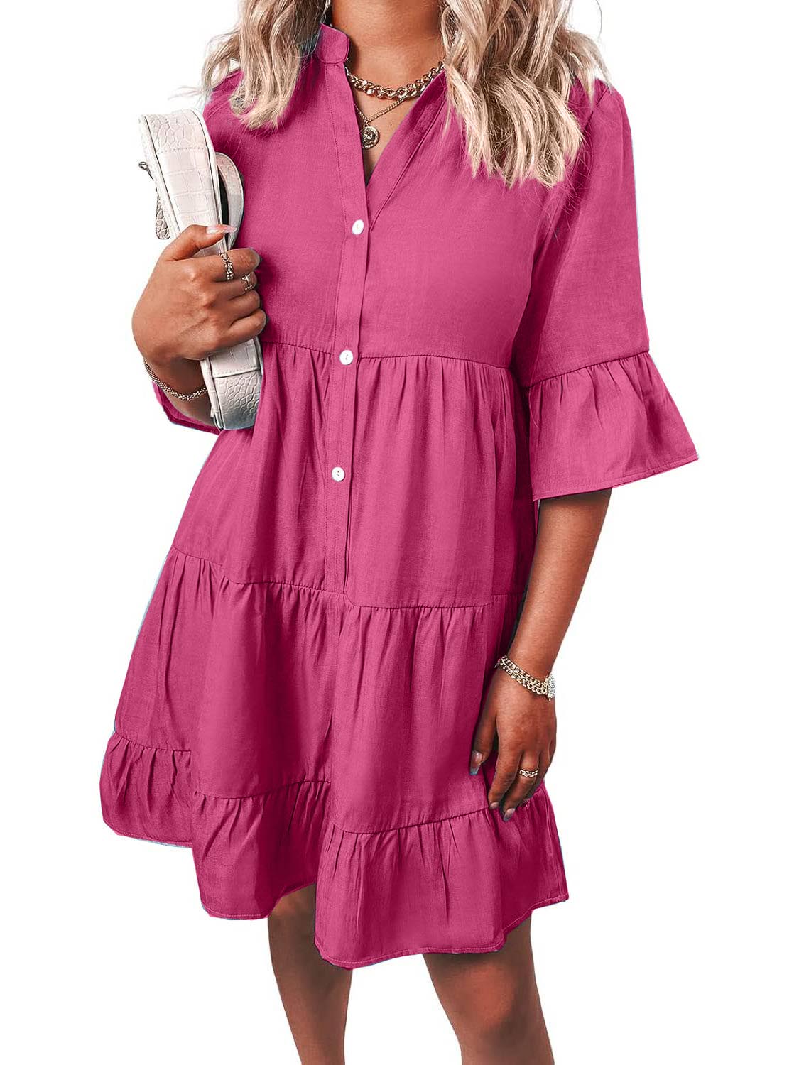 Women??s Casual V Neck Ruffle Short Sleeve Summer Dress
