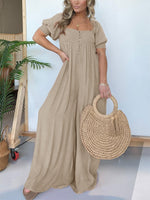 Women's Square Neckline Jumpsuit with Smocked Bodice Button