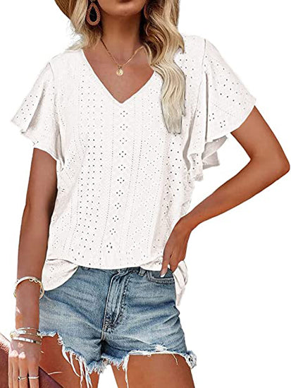 Women's Hollow Waistband Ruffle Sleeve T-shirt