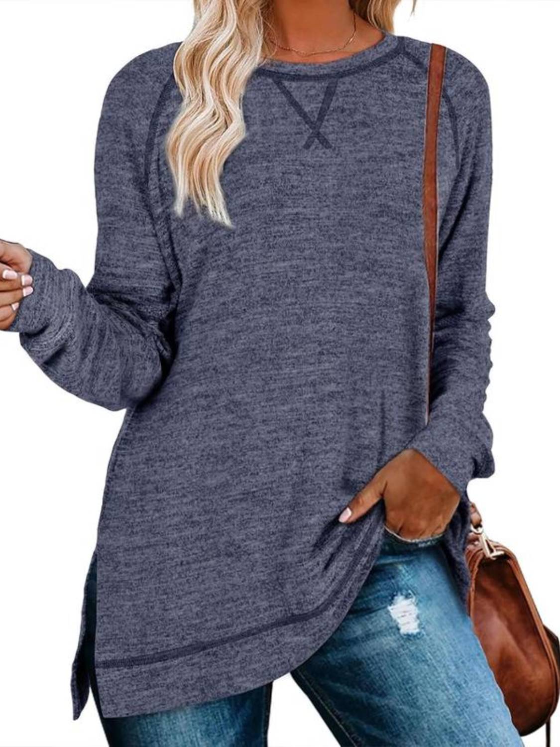 Women's Fall Side slit Long Sleeve Shirts Tunic Tops