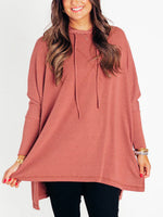 Women's Oversized Bat Sleeve Ribbed Hooded Pullover