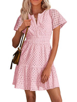 Women's V Neck Short Sleeve A Line Hollow Out Lace Dress
