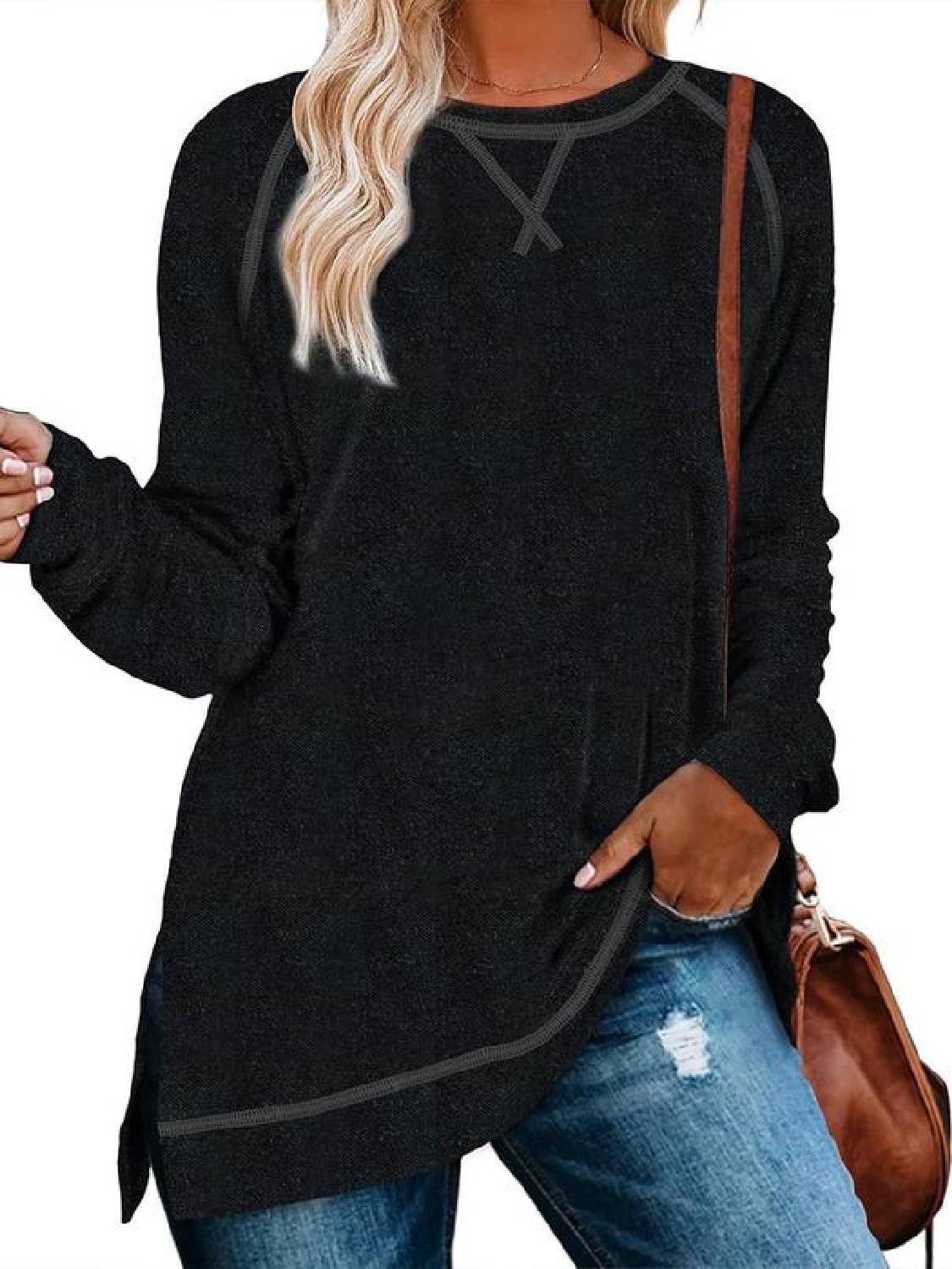 Women's Fall Side slit Long Sleeve Shirts Tunic Tops