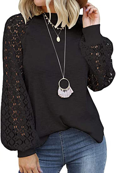 Round neck long sleeve lace splicing loose T-shirt