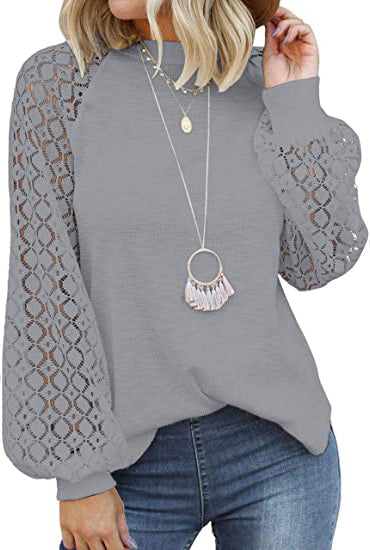 Round neck long sleeve lace splicing loose T-shirt