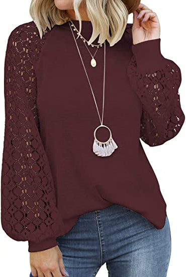 Round neck long sleeve lace splicing loose T-shirt