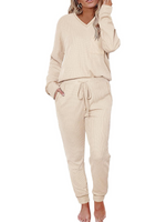 Women's V Neck Waffle Knit Two Piece Lounge Sets