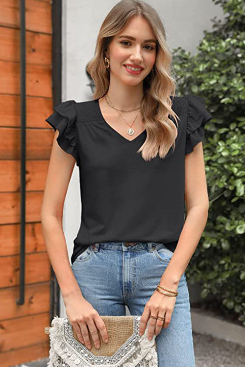 Solid Color V-neck Ruffle Short Sleeve