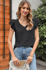 Solid Color V-neck Ruffle Short Sleeve