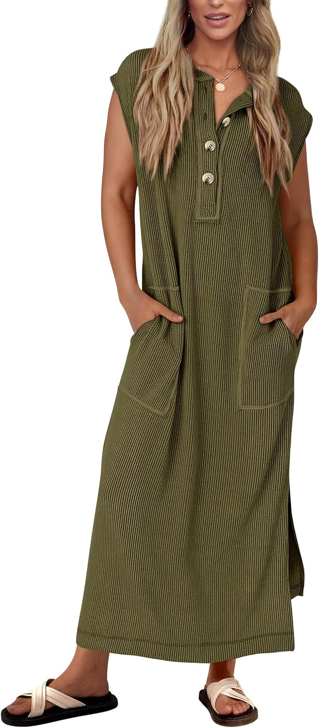 Women's Ribbed Henley Button Up Split Long Dress