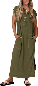 Women's Ribbed Henley Button Up Split Long Dress