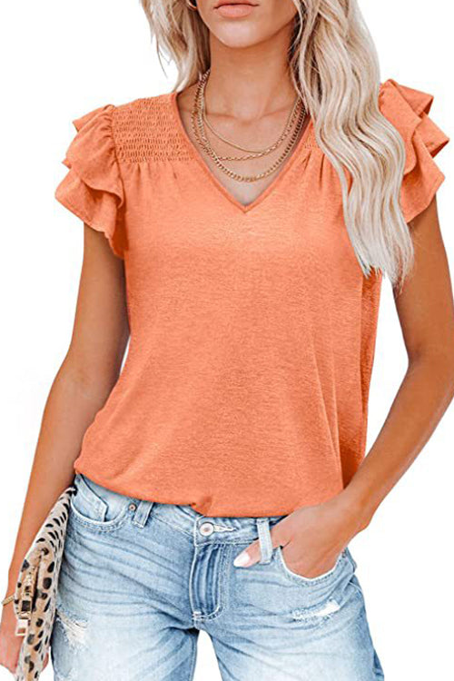 Solid Color V-neck Ruffle Short Sleeve