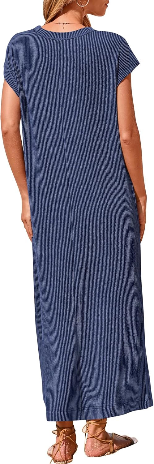 Women's Ribbed Henley Button Up Split Long Dress