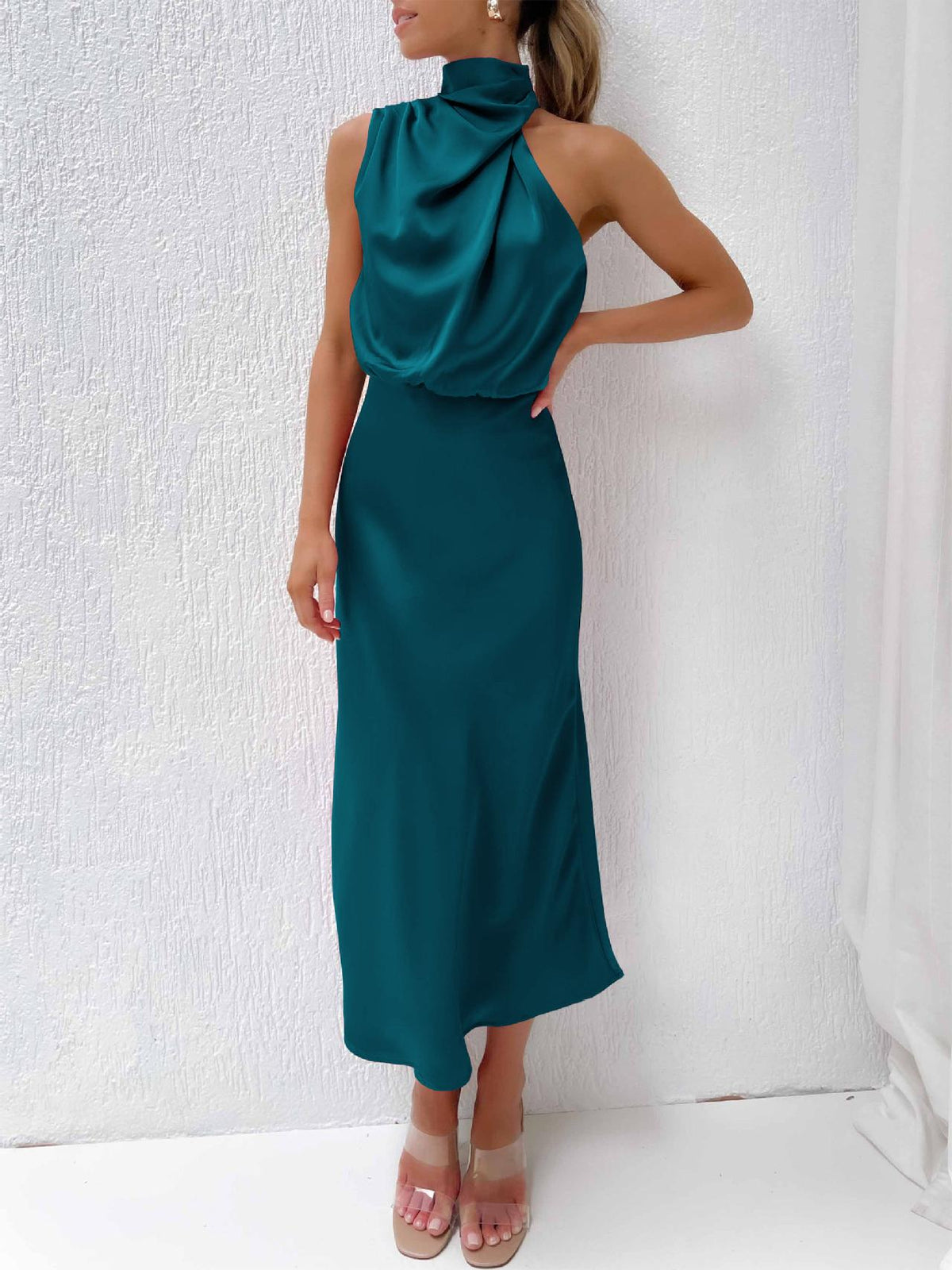 Mock Neck Keyhole Elastic High Waist Maxi Dress