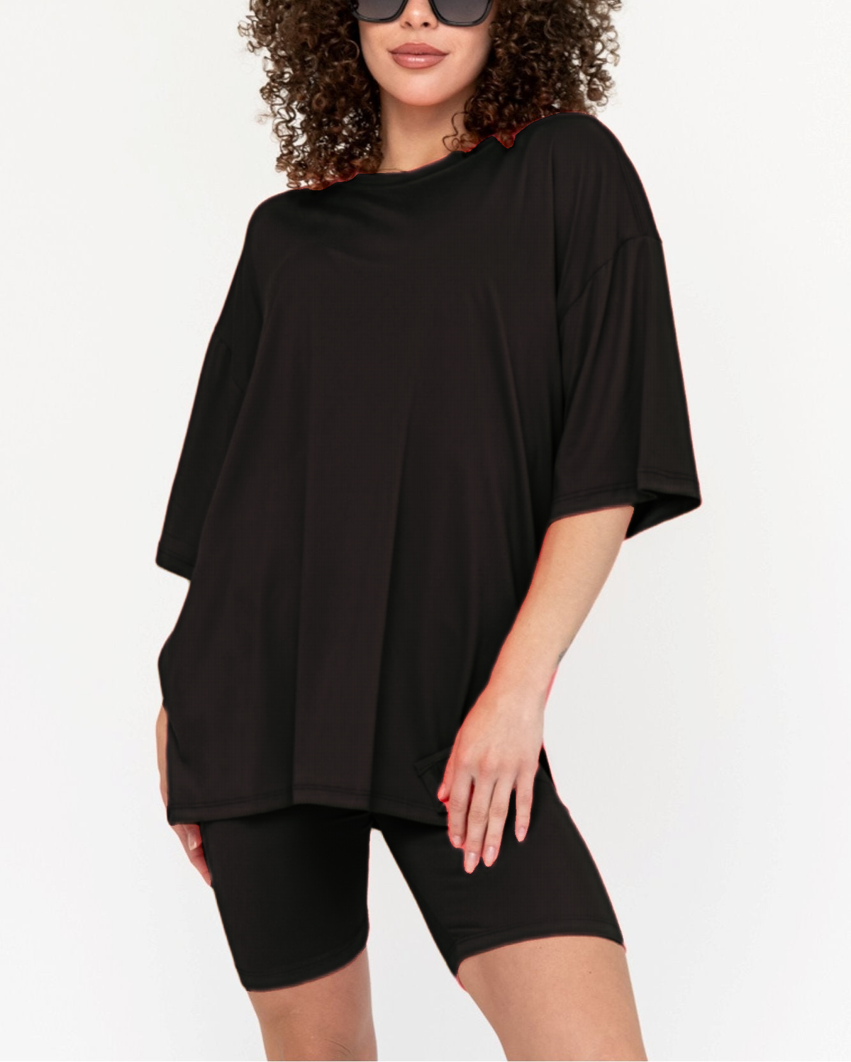 Women's Oversized Solid Biker Short Set