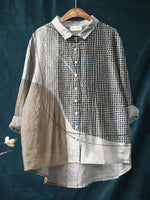 Women's Abstract Geometric Pattern Art Print Casual Cotton And Linen Ruffle Shirt