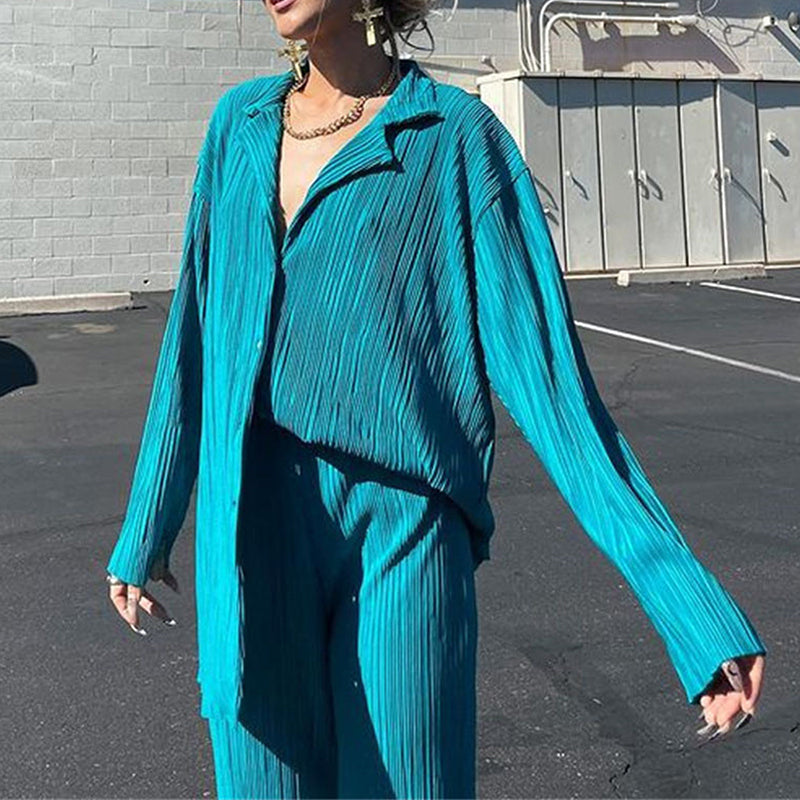 Causal Set Loose Button-Down Shirt and Pleated Wide Leg Pants