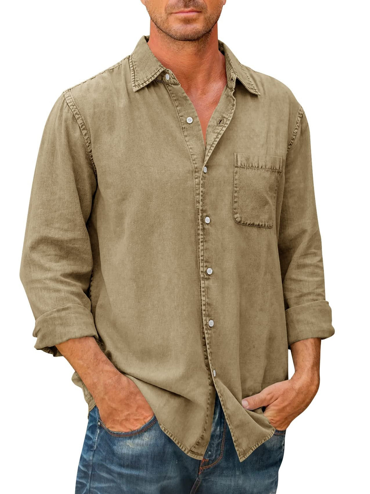 ??Men's Denim Long Sleeve Button Down Shirt