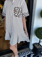 Women's Striped Animal Print Contrast Button Down Dress