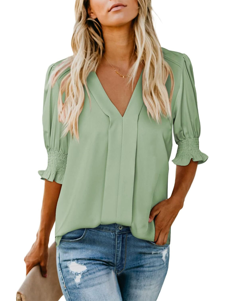Women's Solid Casual V Neck Puff Sleeve Shirts