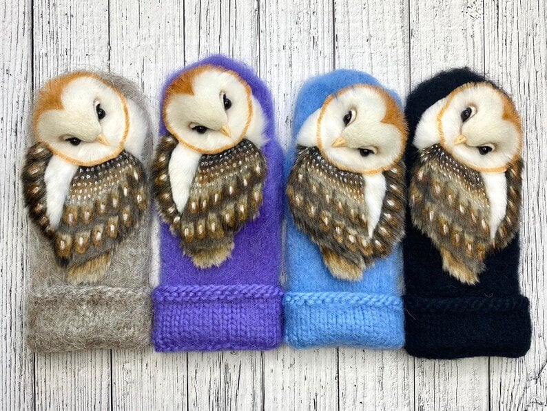 Hand Knitted Wool Nordic Mittens With Owls