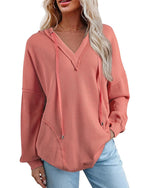 Women's Drawstring V Neck Waffle Hoodie