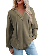 Women's Drawstring V Neck Waffle Hoodie