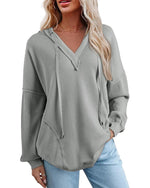 Women's Drawstring V Neck Waffle Hoodie