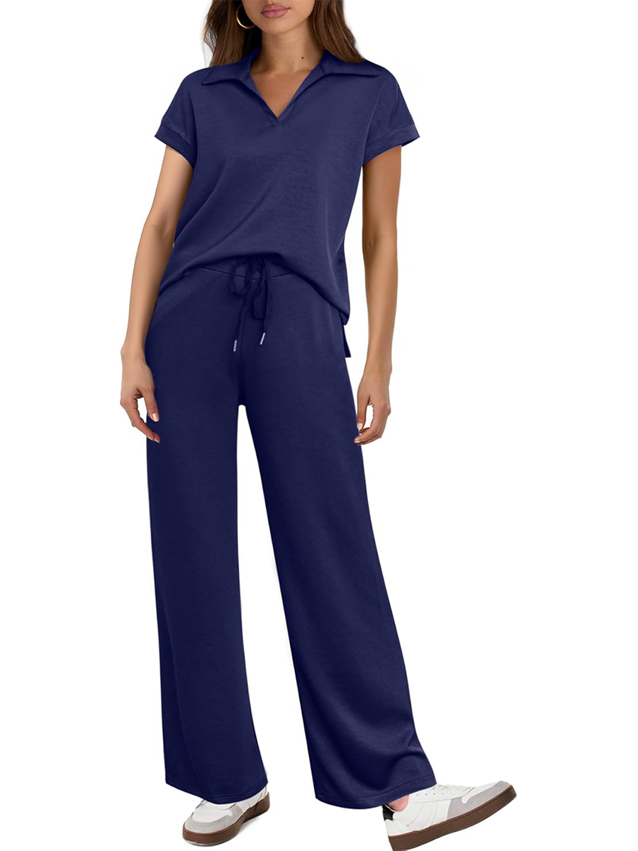 Women's Short Sleeve Top and Drawsting Wide Leg Pants 2 Piece Set