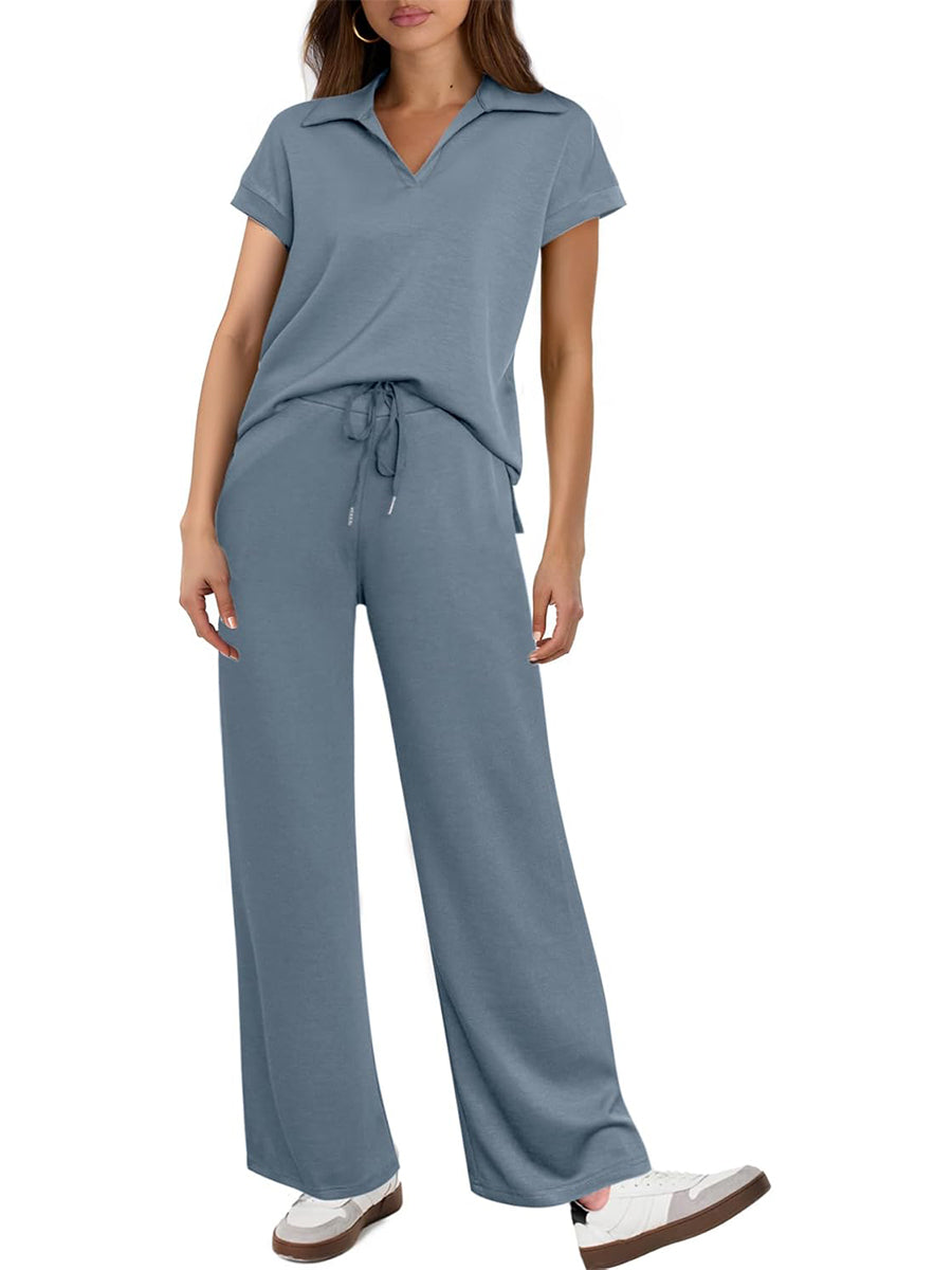 Women's Short Sleeve Top and Drawsting Wide Leg Pants 2 Piece Set