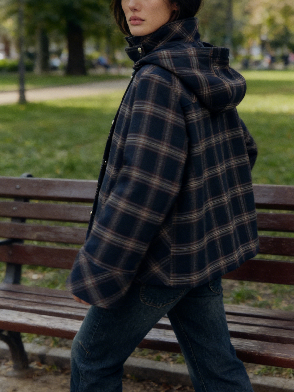 Women's High-Neck Checked Hooded Quilted Coat