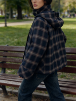 Women's High-Neck Checked Hooded Quilted Coat