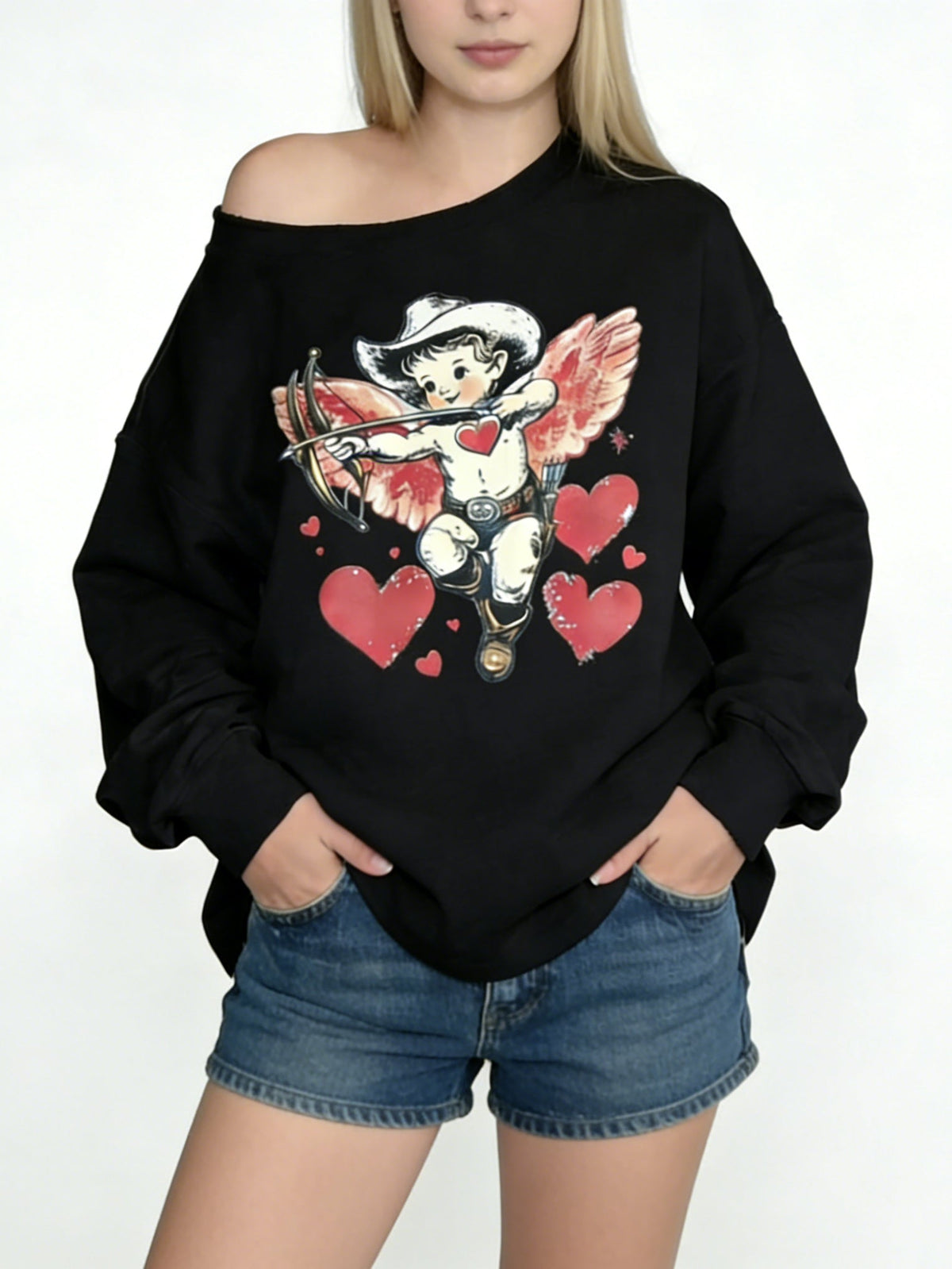 Women's Valentine's Day Cupid Cold Shoulder Sweatshirt