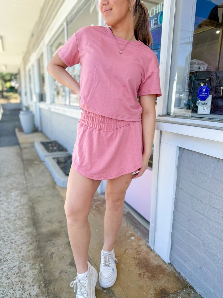 Women's Summer Solid Color T-Shirt and Skort 2Pcs Set