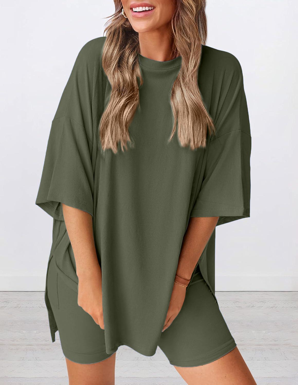 Women's Round Neck Side Slit Short Sleeve Top Tight Shorts Set