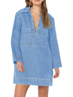 Women's Deep V Neck Denim Shirt Dress with Pockets