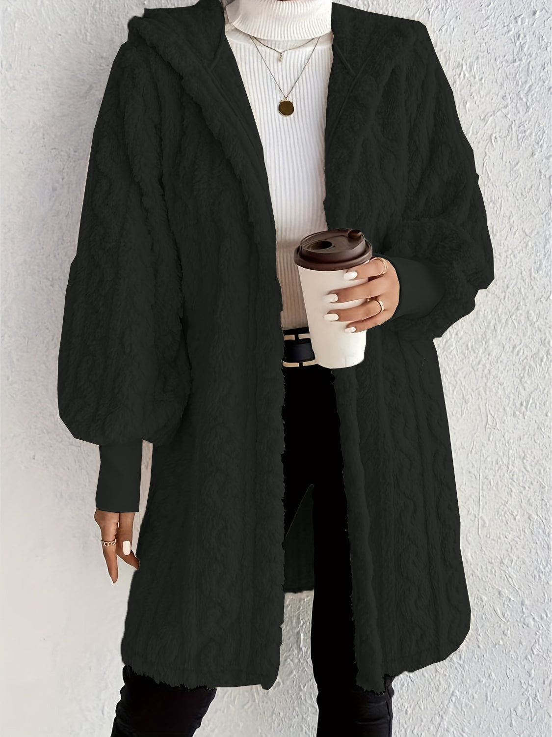 Women's Plush Fleece Soft Midi-Length Jacket with Pockets